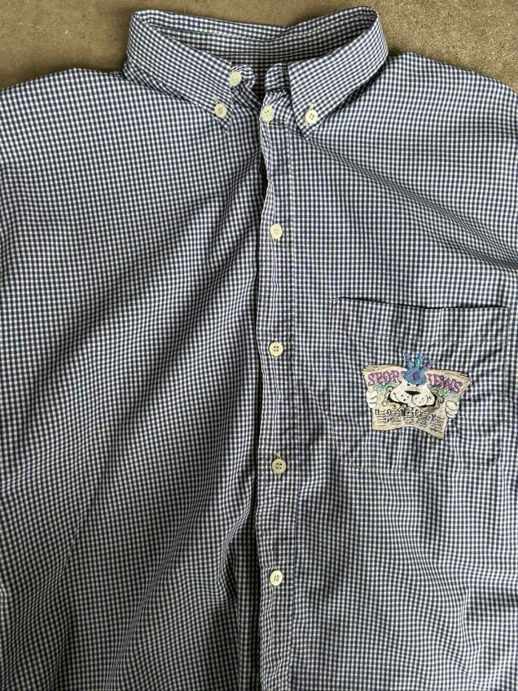 Iceberg dark blue and white checkered shirt with embroidered pocket and 90s sports design.