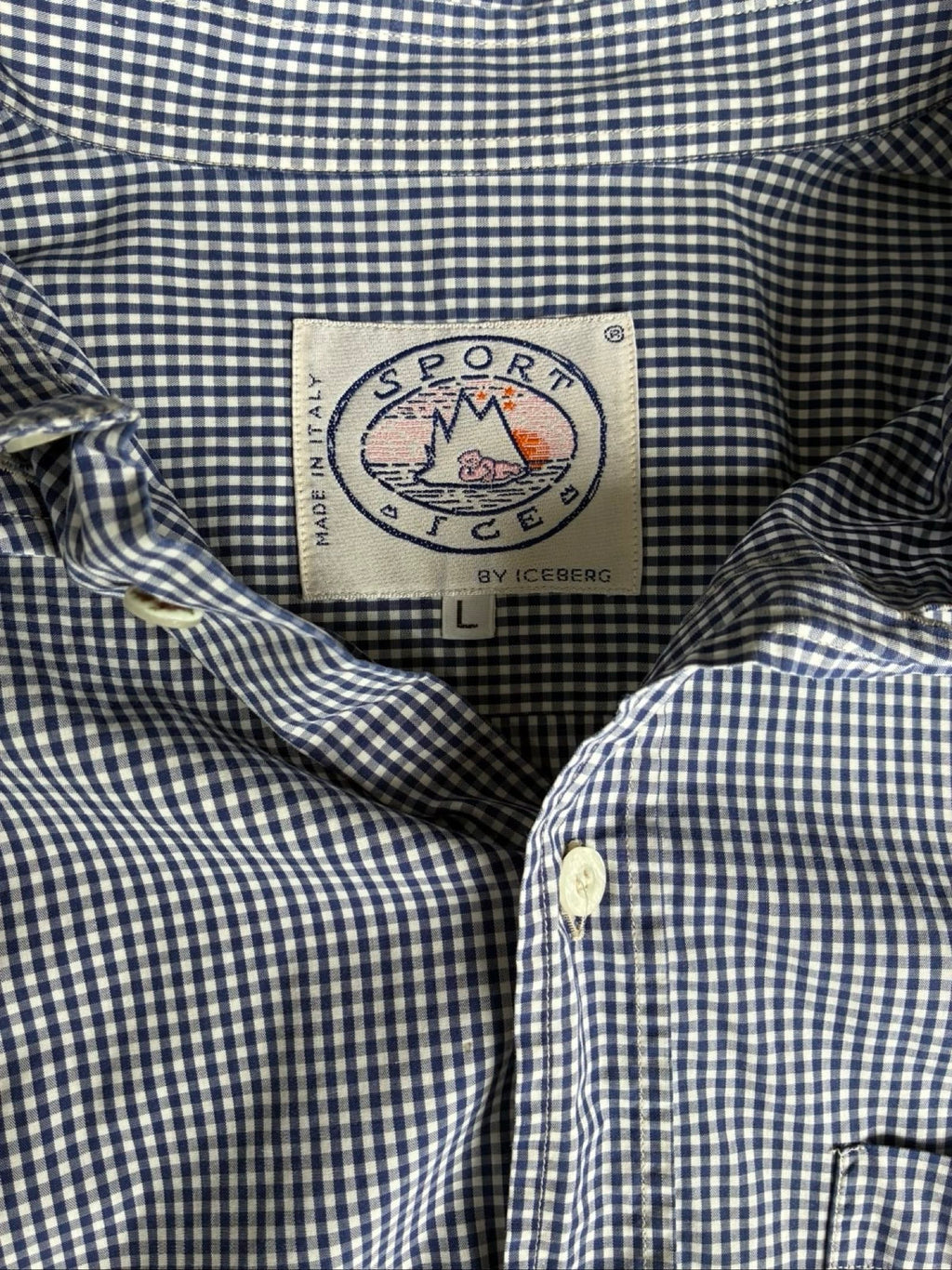 Iceberg dark blue and white checkered shirt with embroidered pocket and 90s sports design.