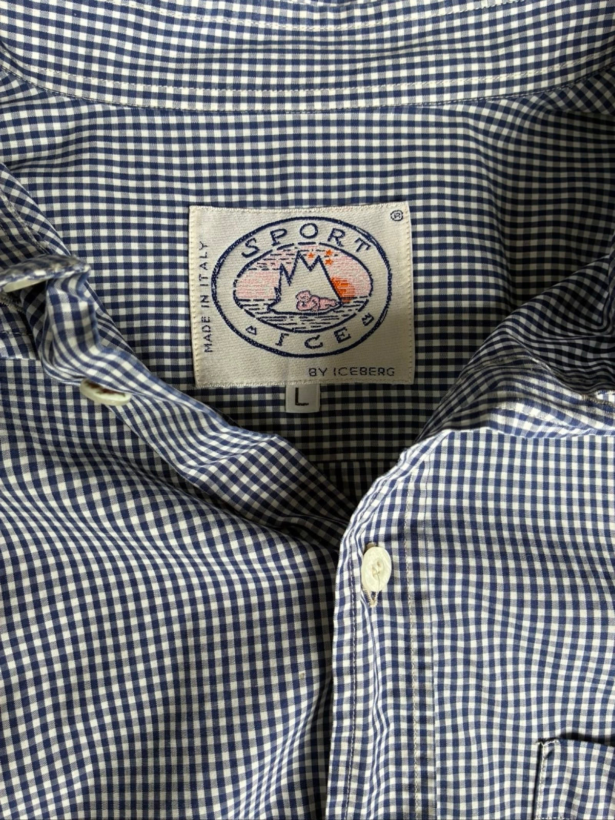 Iceberg dark blue and white checkered shirt with embroidered pocket and 90s sports design.
