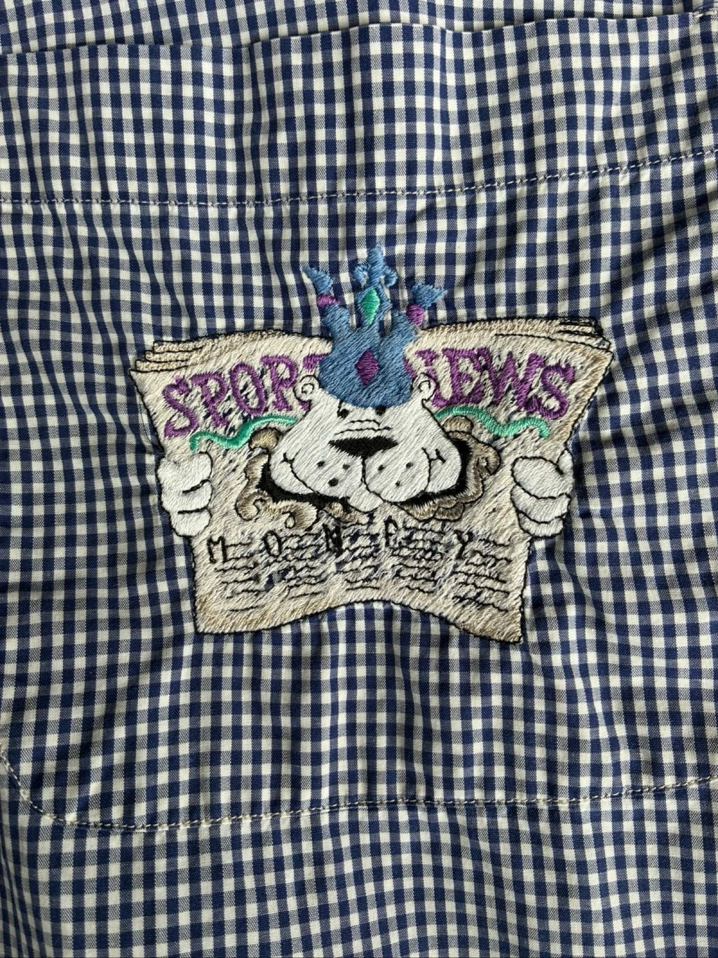 Iceberg dark blue and white checkered shirt with embroidered pocket and 90s sports design.