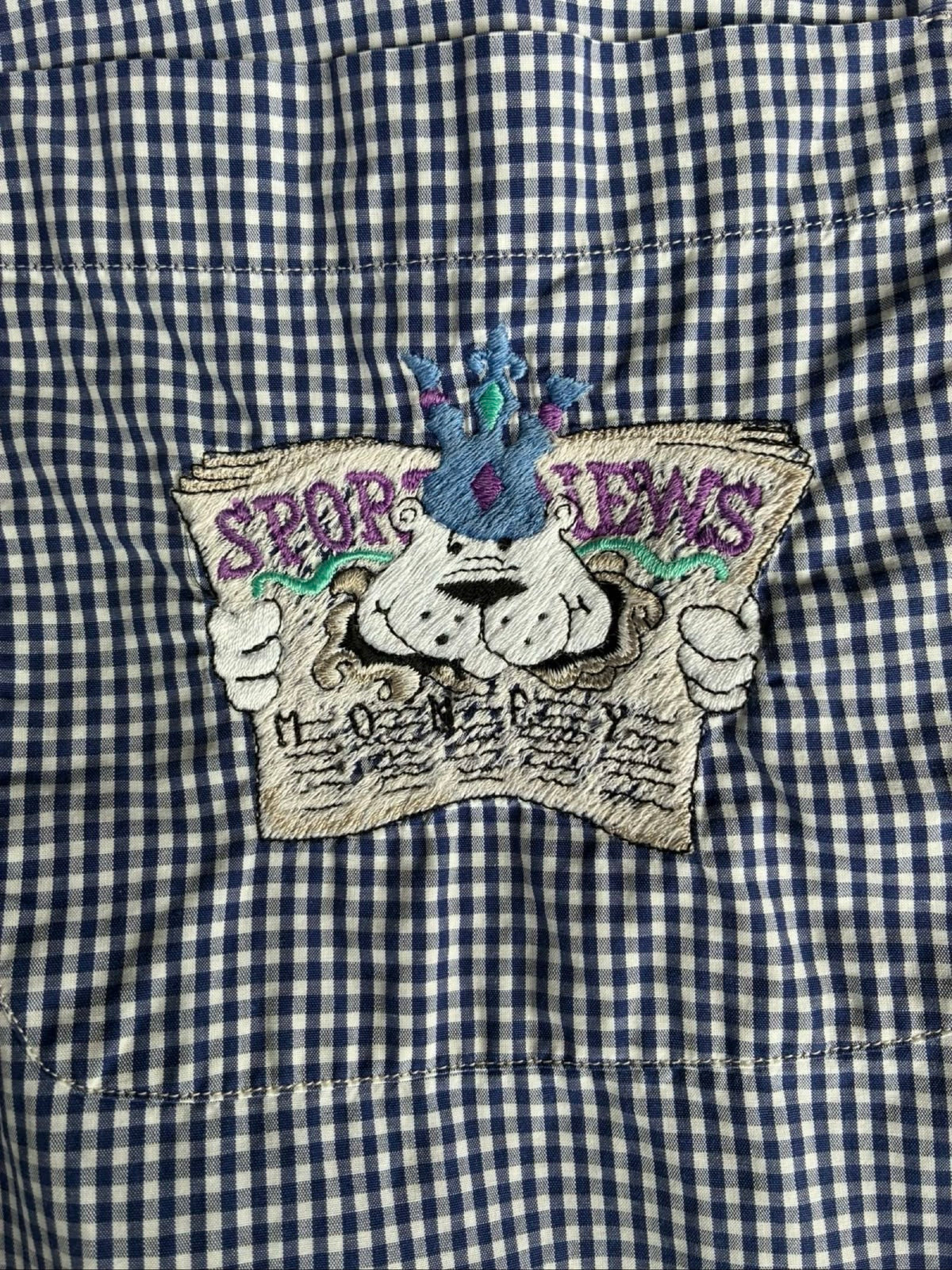 Iceberg dark blue and white checkered shirt with embroidered pocket and 90s sports design.
