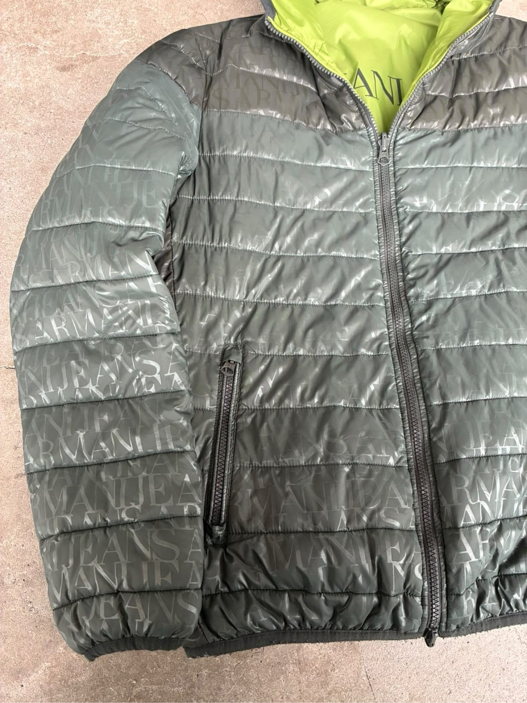 Armani Jeans reversible puffer jacket green and black, medium, Y2K style, good condition.