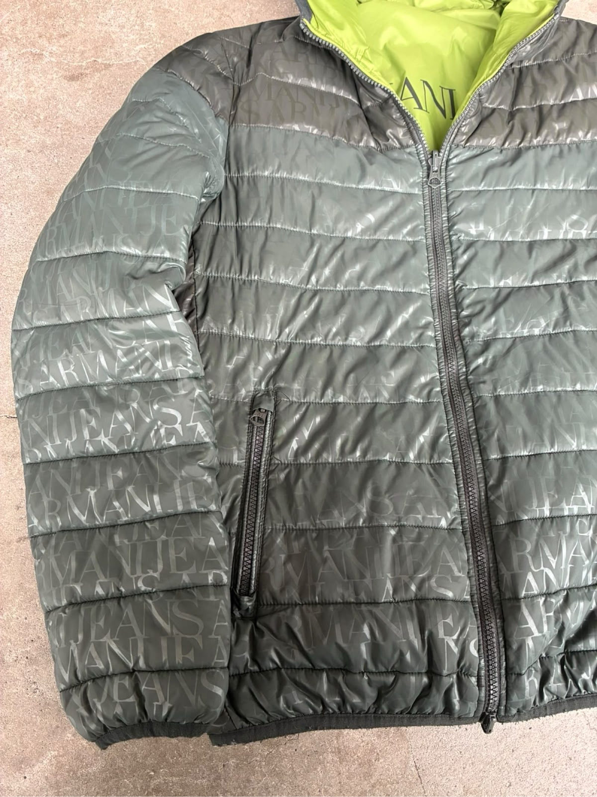 Armani Jeans reversible puffer jacket green and black, medium, Y2K style, good condition.