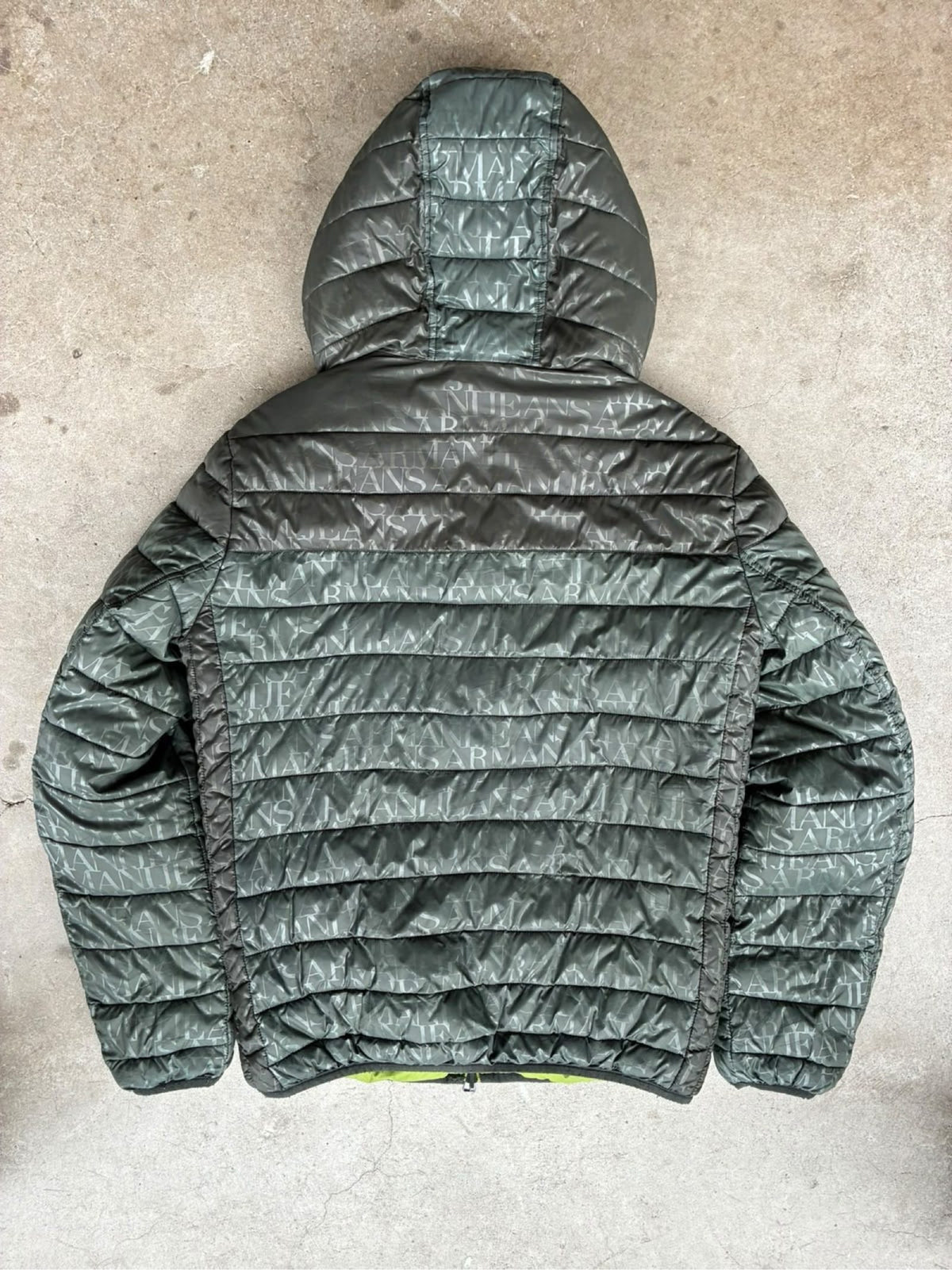 Armani Jeans reversible puffer jacket green and black, medium, Y2K style, good condition.