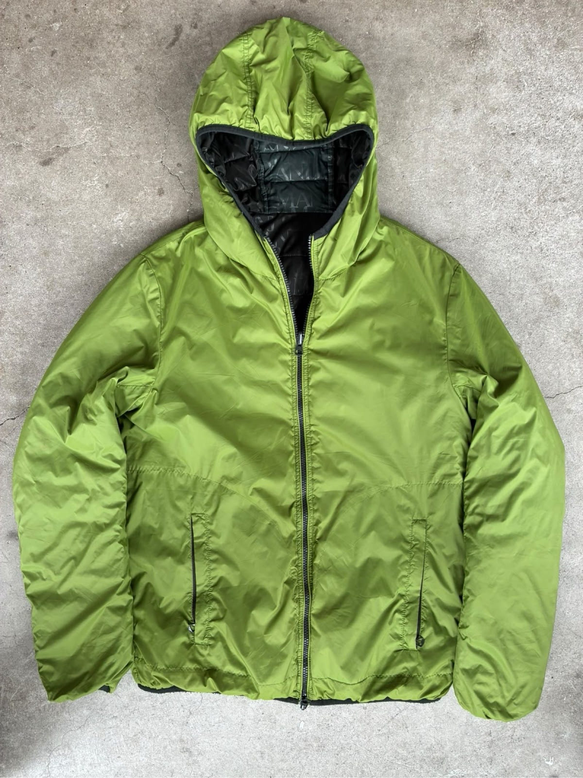 Armani Jeans reversible puffer jacket green and black, medium, Y2K style, good condition.