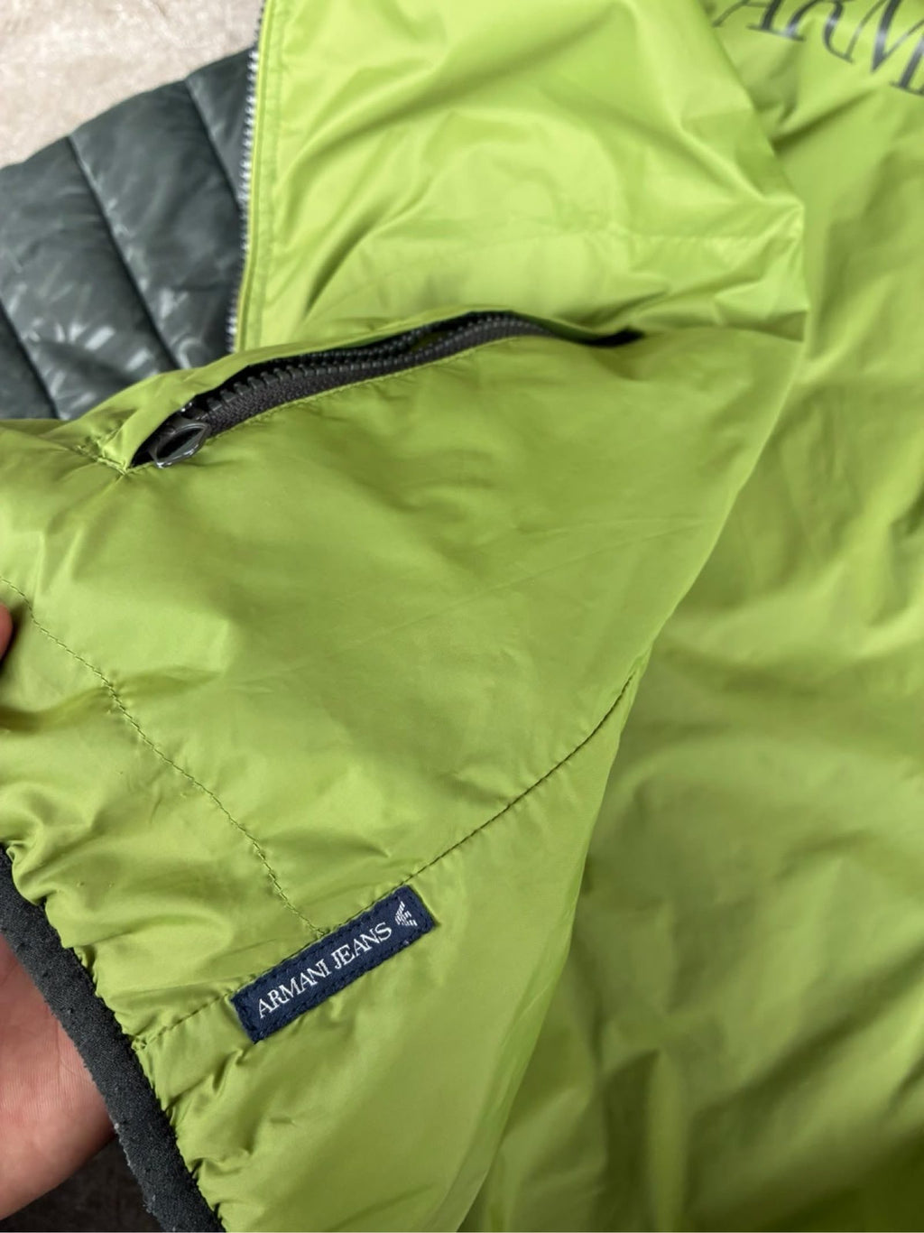 Armani Jeans reversible puffer jacket green and black, medium, Y2K style, good condition.