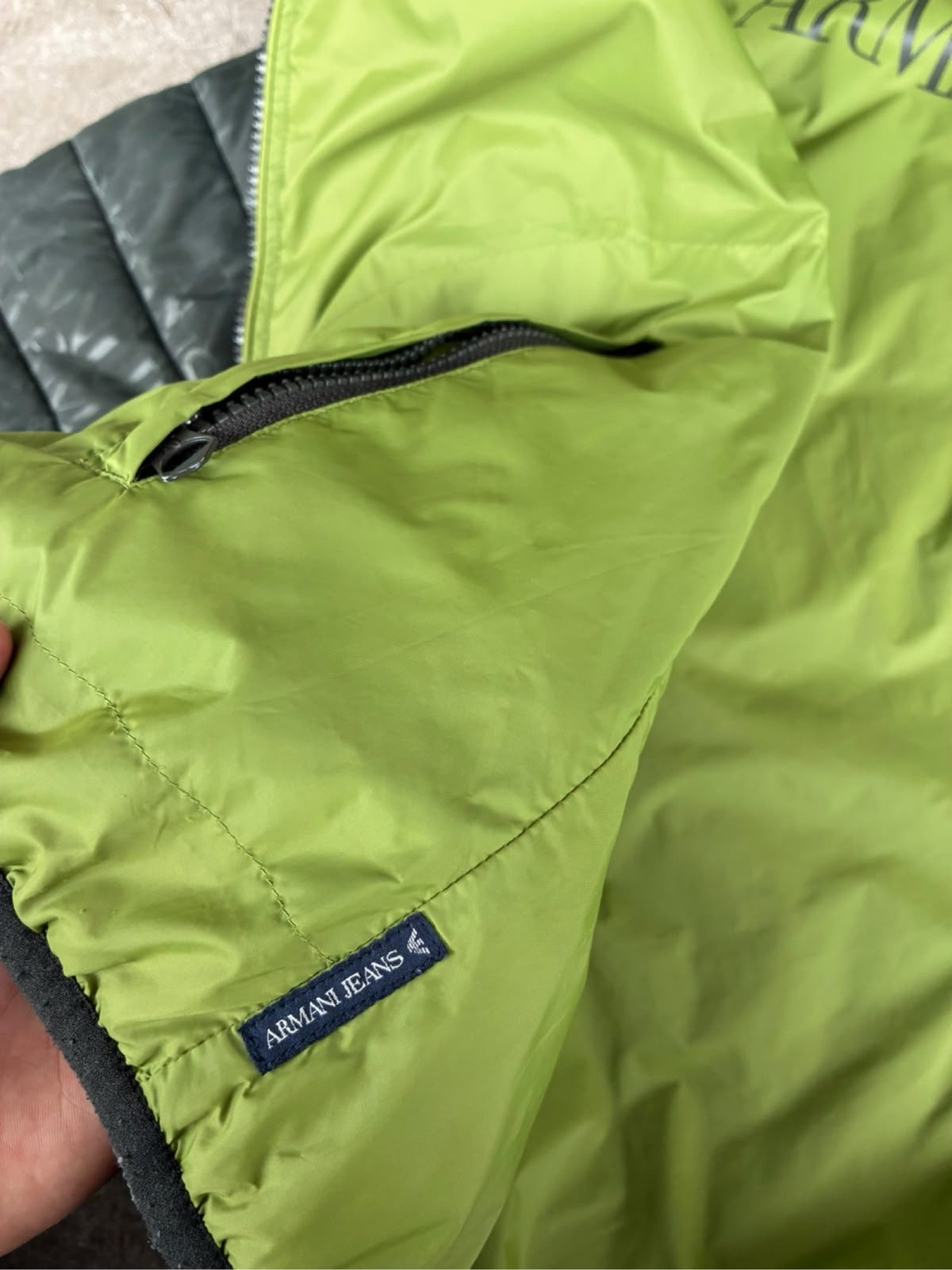 Armani Jeans reversible puffer jacket green and black, medium, Y2K style, good condition.