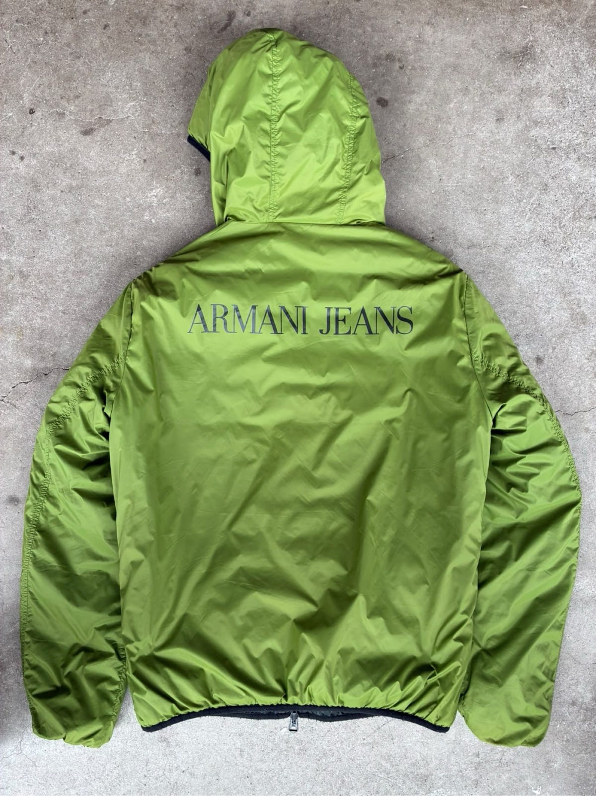 Armani Jeans reversible puffer jacket green and black, medium, Y2K style, good condition.