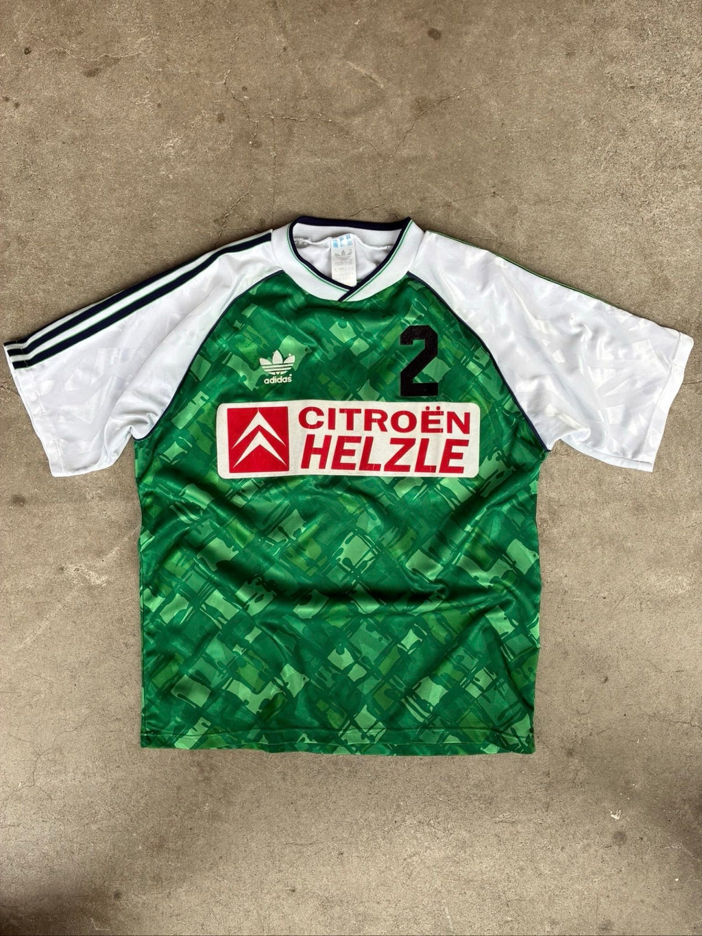 Adidas vintage football shirt green navy white, 90s template, made in UK.
