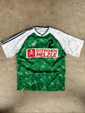 Adidas vintage football shirt green navy white, 90s template, made in UK.