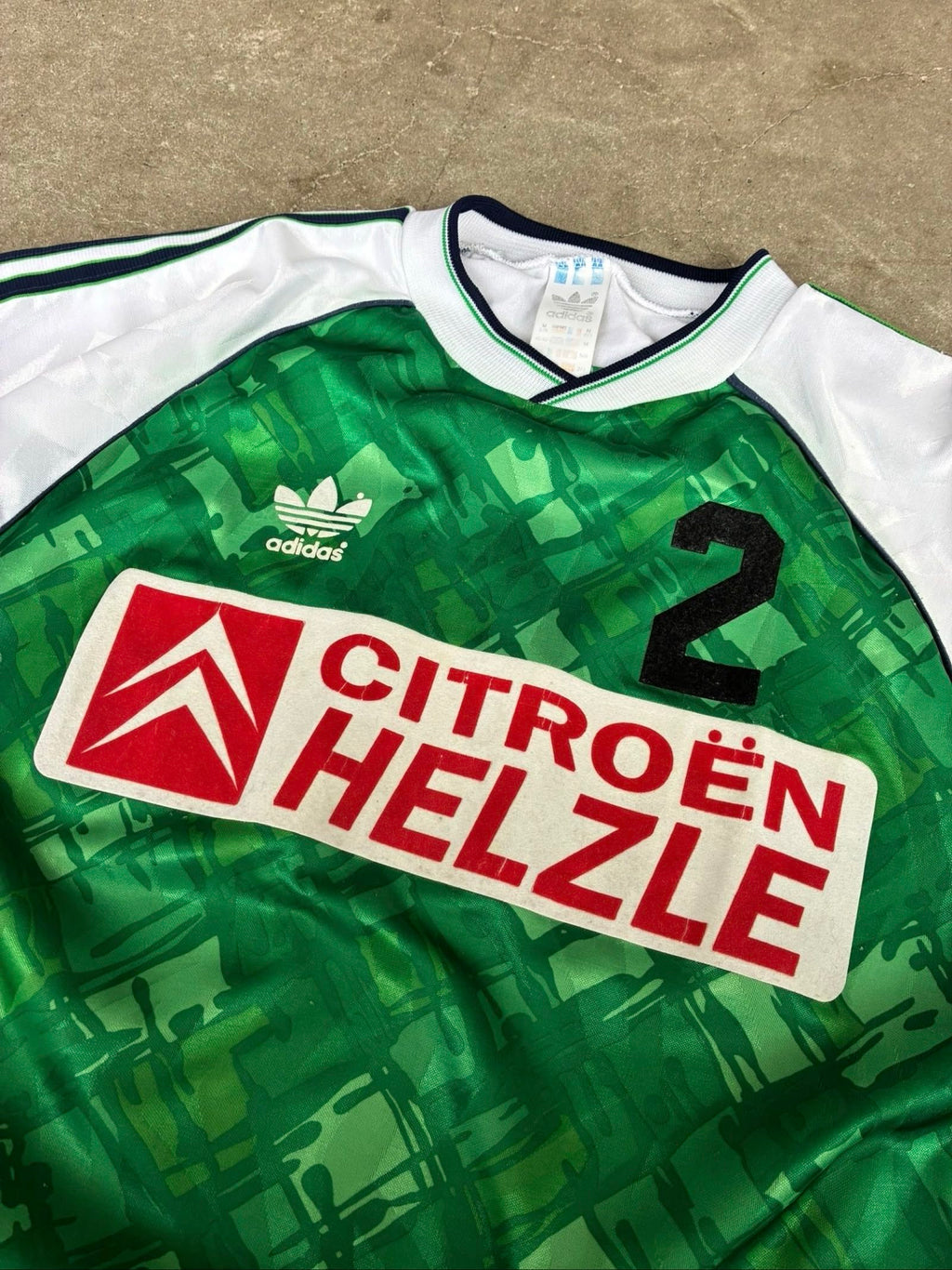 Adidas vintage football shirt green navy white, 90s template, made in UK.