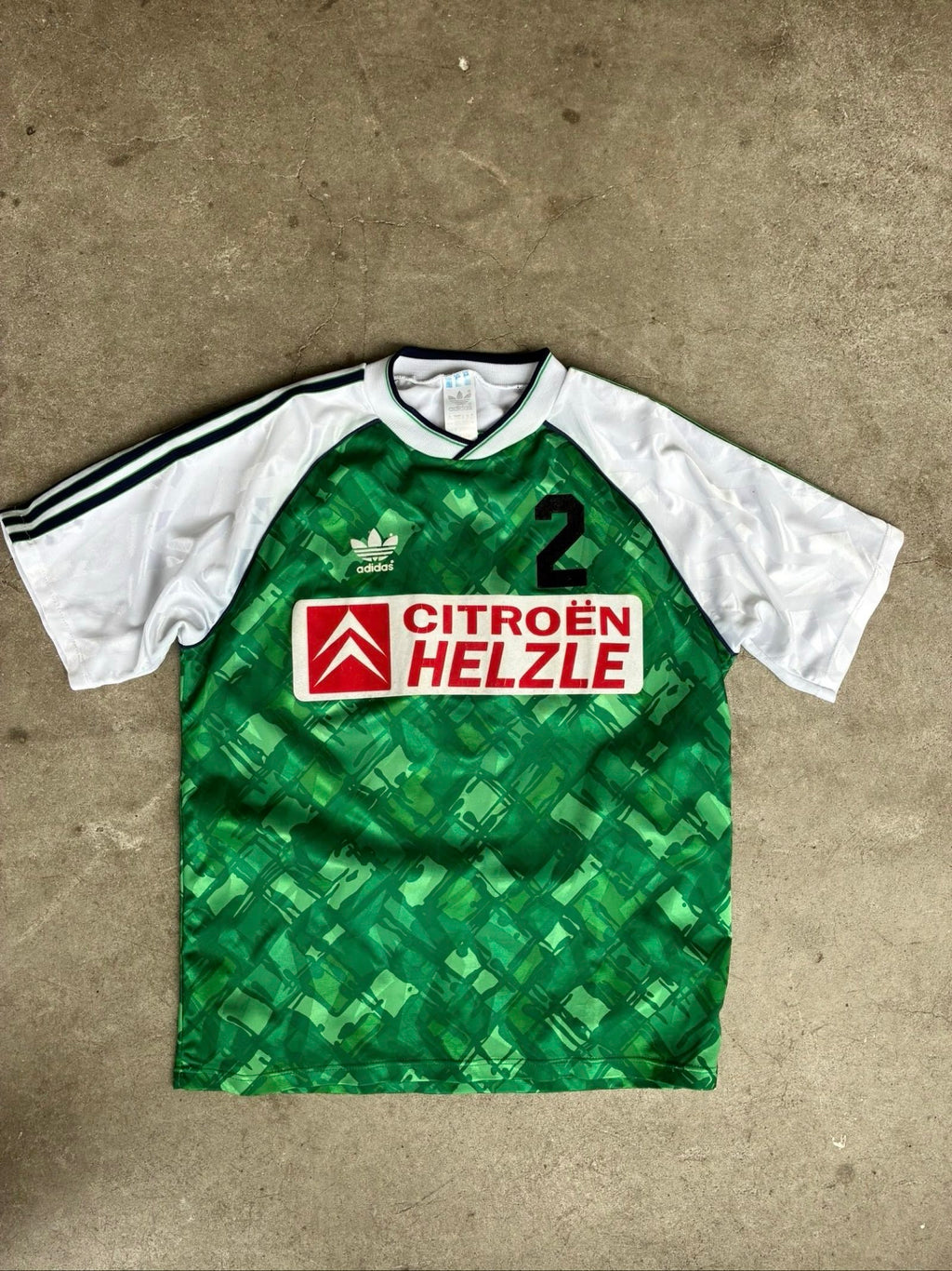 Adidas vintage football shirt green navy white, 90s template, made in UK.