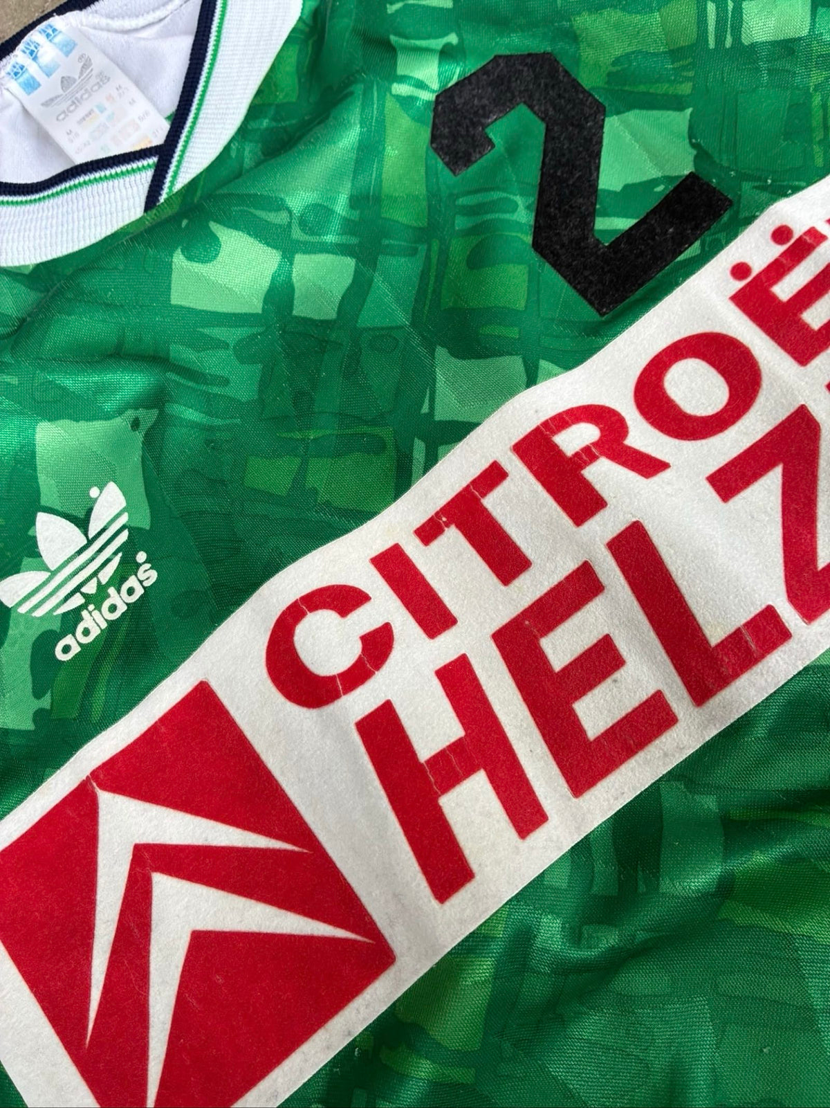Adidas vintage football shirt green navy white, 90s template, made in UK.
