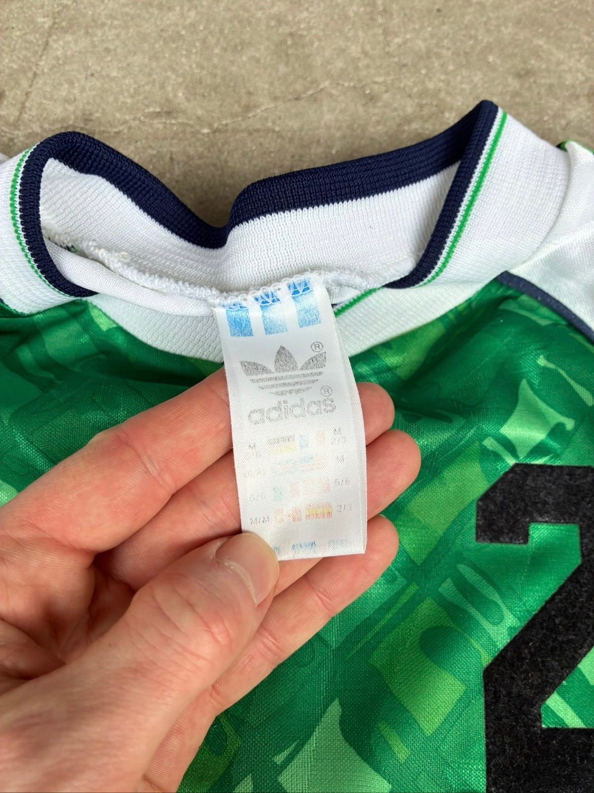 Adidas vintage football shirt green navy white, 90s template, made in UK.