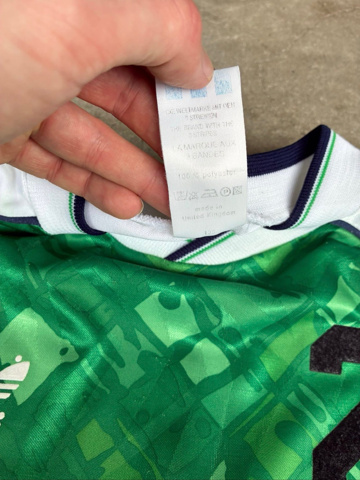 Adidas vintage football shirt green navy white, 90s template, made in UK.