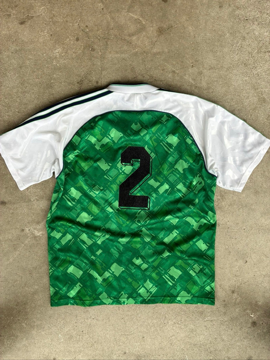 Adidas vintage football shirt green navy white, 90s template, made in UK.