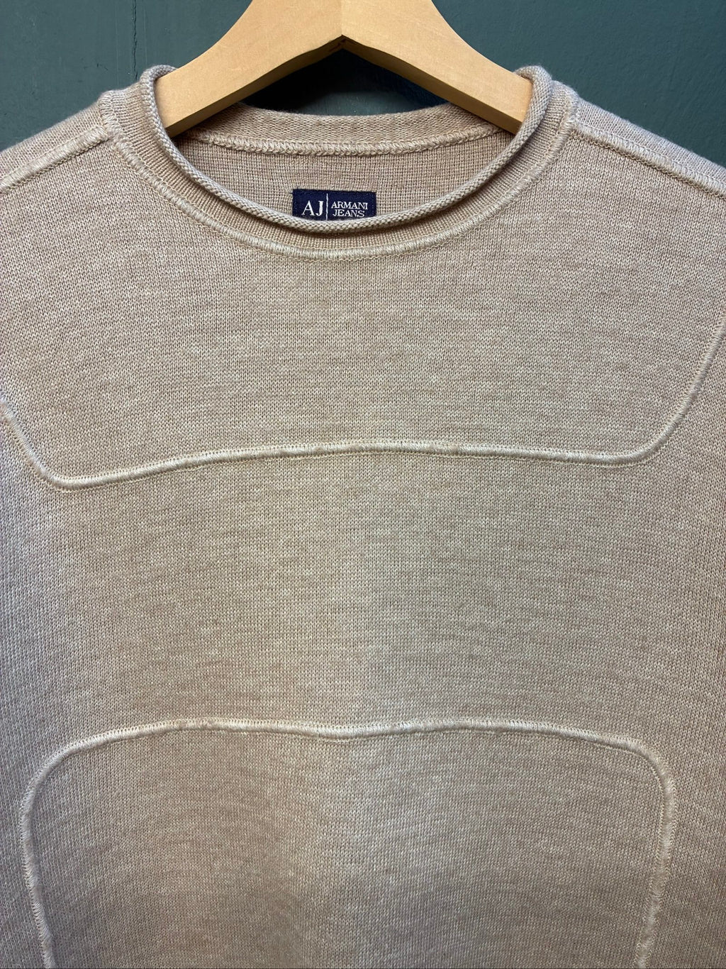 Armani Jeans beige knit jumper, ribbed texture, late 90s style, very good condition.