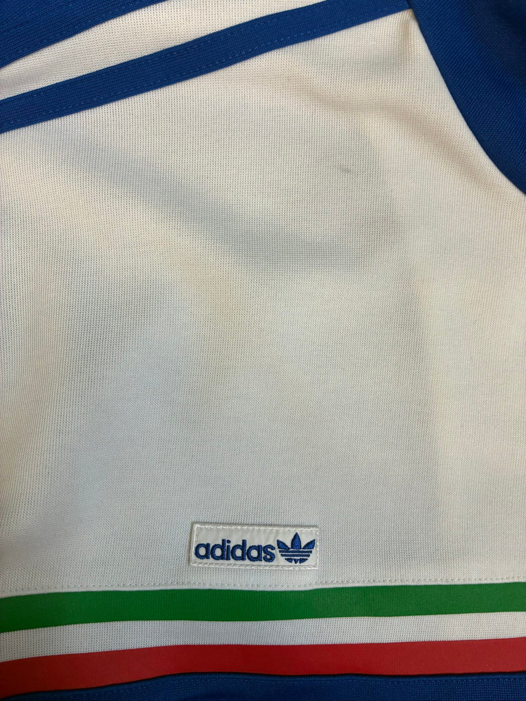 Adidas Originals vintage track jacket white and blue, full zip, detailed zip pullers.
