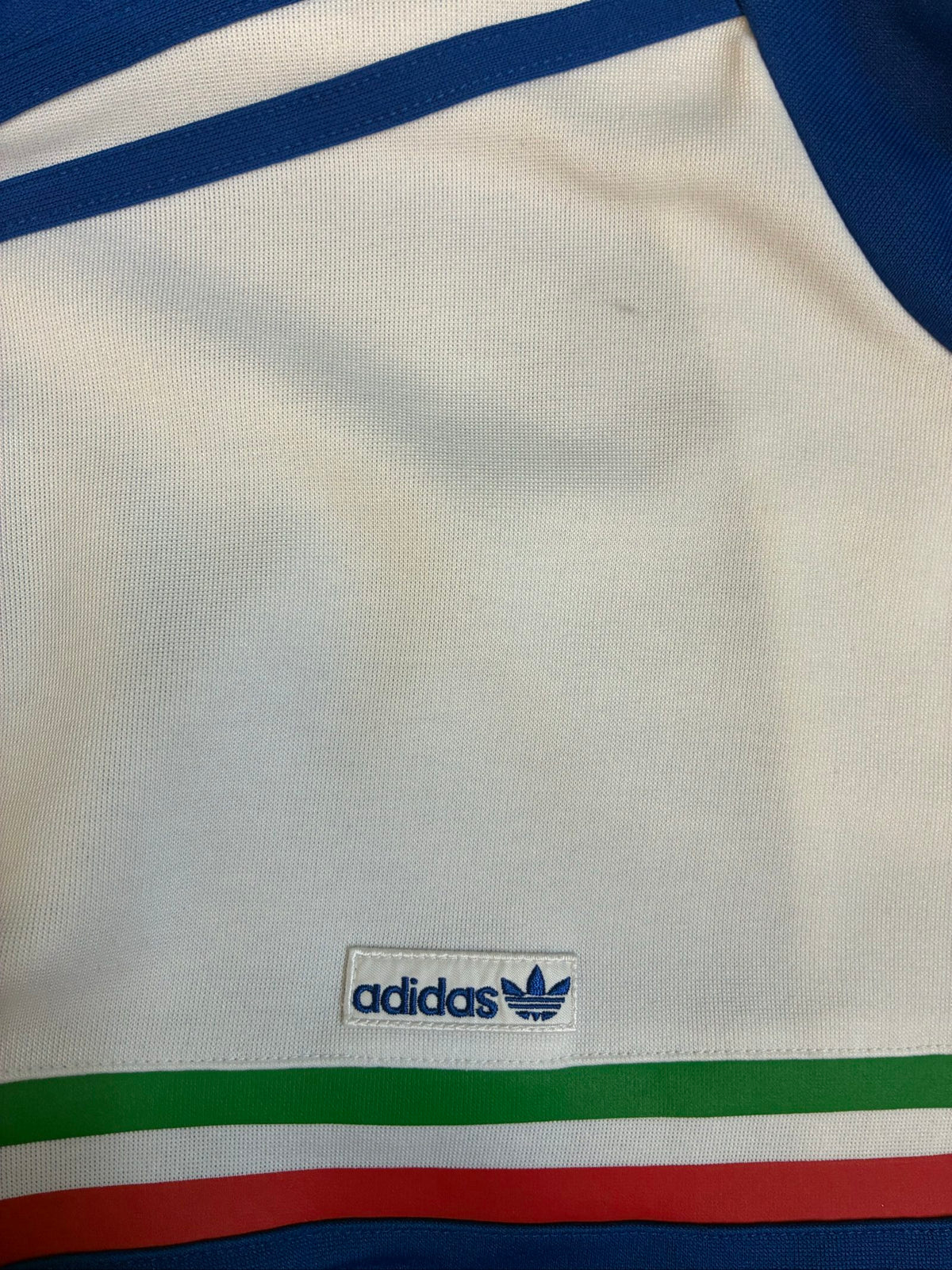 Adidas Originals vintage track jacket white and blue, full zip, detailed zip pullers.